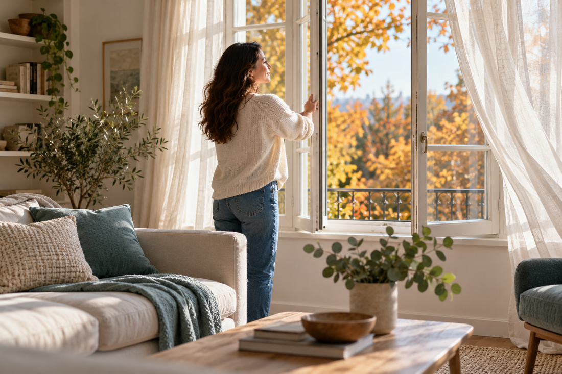 Une femme ouvre une fenêtre pour aérer son salon par une matinée d’automne