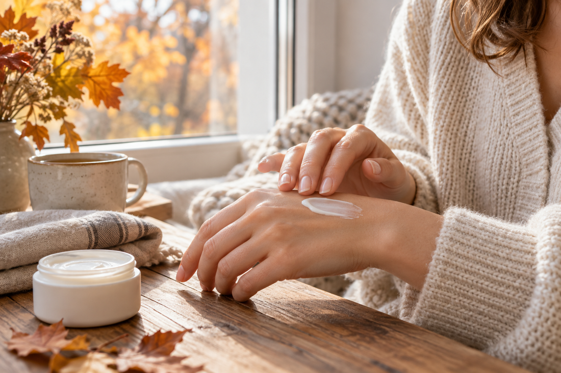Woman applying moisturizer to her hands by a window with autumn leaves
