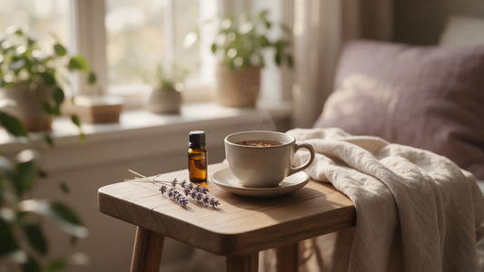 Coin lecture apaisant avec une tisane, un flacon d'huile essentielle et de la lavande